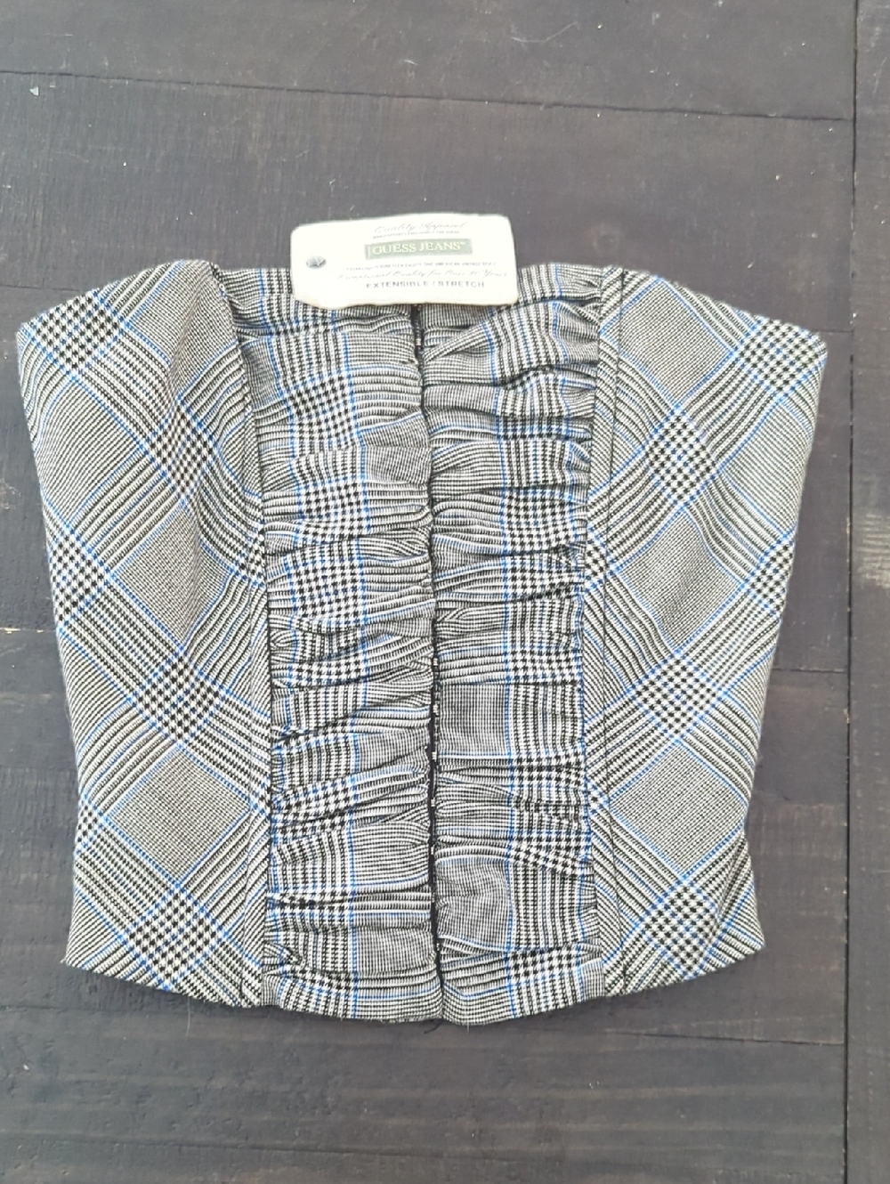 Guess Jeans Plaid Rouche Front Bustier Top in Black with Blue Accents
